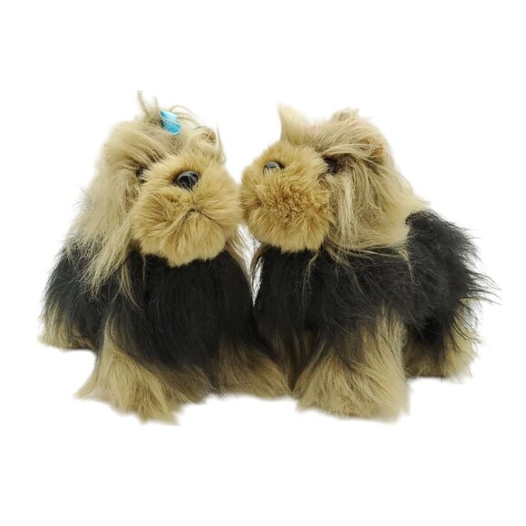 Unbranded Brown‎ and Tan Pair Of Fluffy Yorkie Plush Dogs With Bows in Fur - Picture 3 of 11